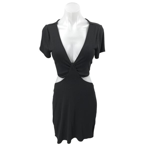 Abercrombie & Fitch Black Short Sleeve Plunge V-neck Cutout Mini Bodycon Dress L - Picture 1 of 5